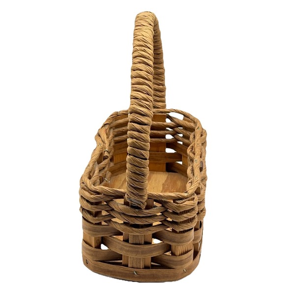 Vtg Handwoven Paper Rope Basket Wood Base Folk Art Primitive Farmhouse Signed - Picture 6 of 10